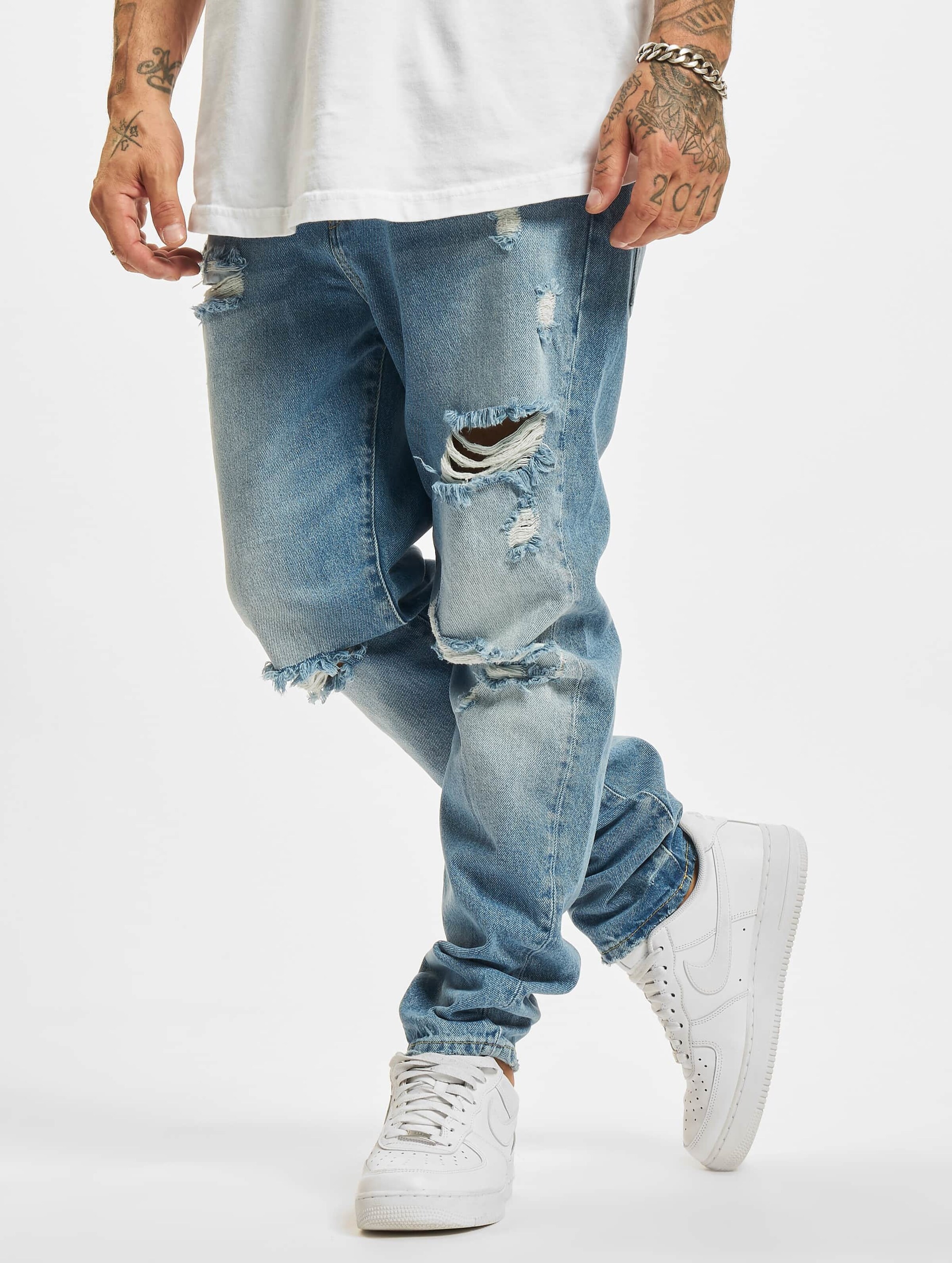 2Y Premium Destroyed Straight Tapered Jeans Mannen op kleur blauw, Maat 32