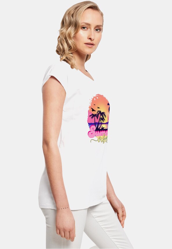 Ladies Summer Vibes Sunset Extended Shoulder Tee-3