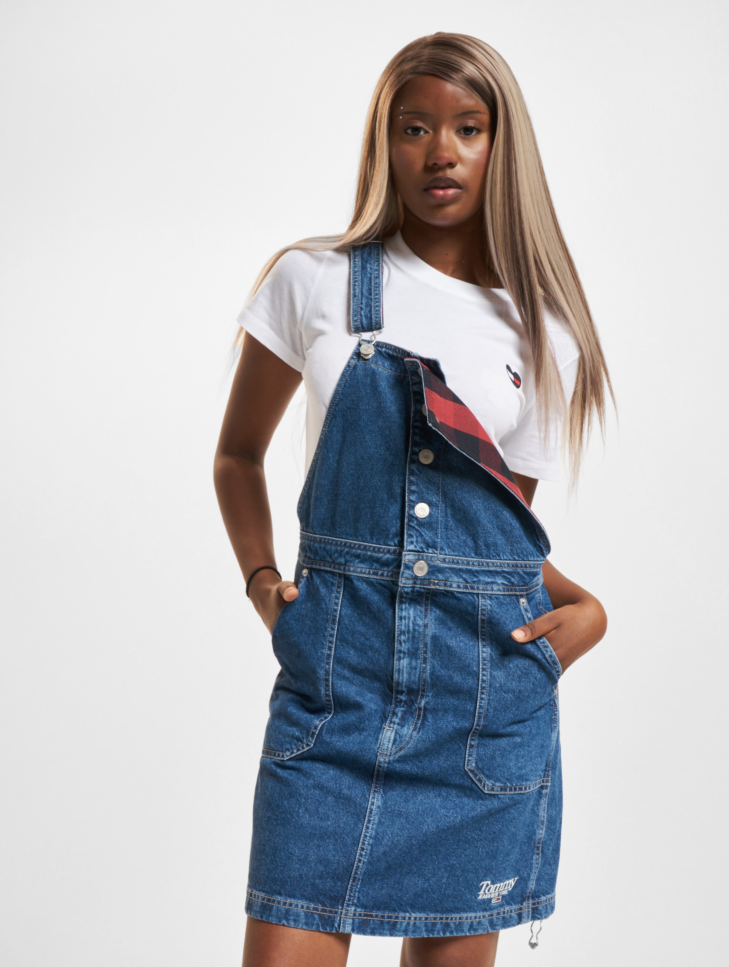 Tommy Jeans Crossback Dungaree Kleid op kleur blauw, Maat M