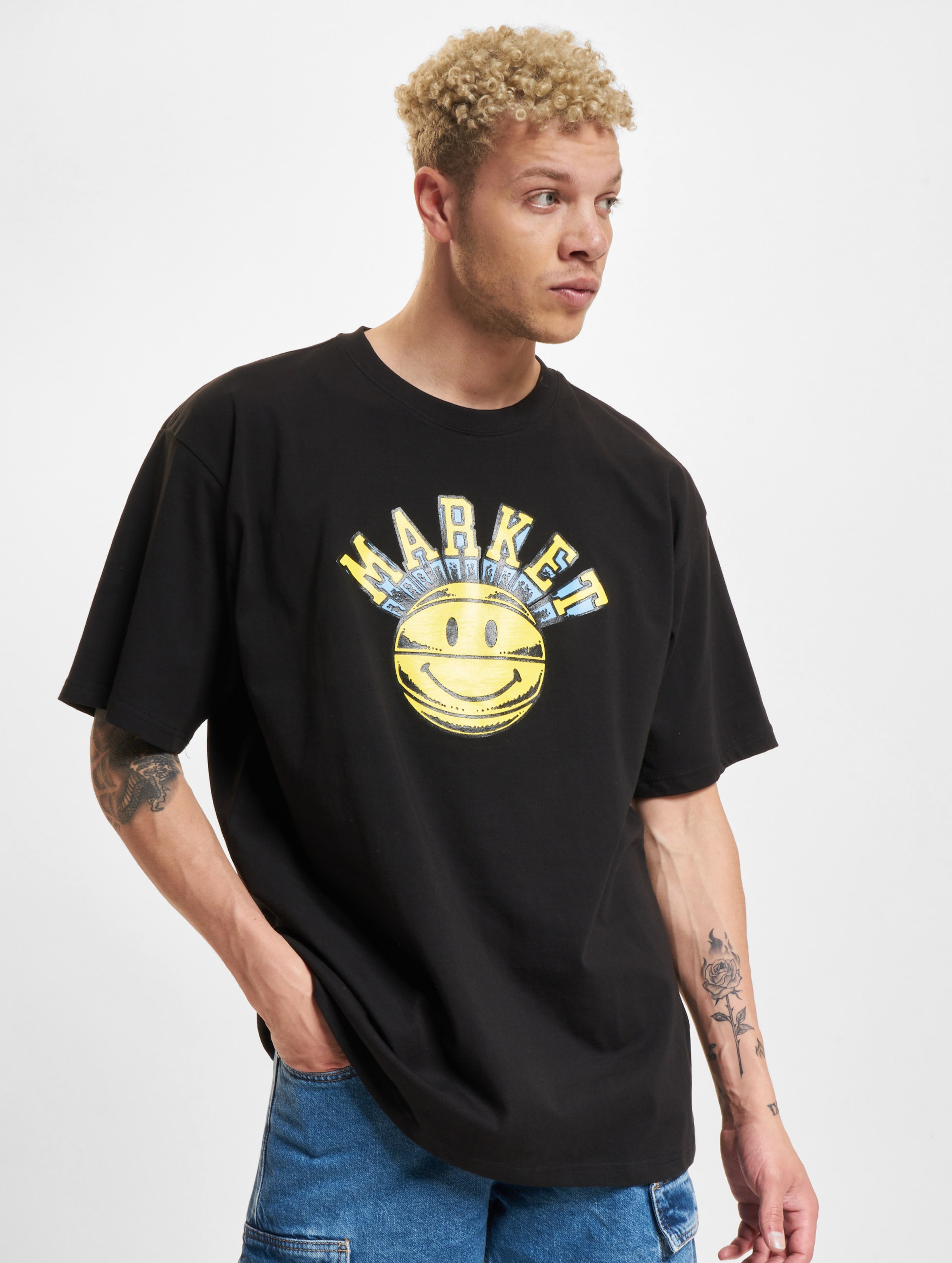 Market Smiley Hoops T-Shirts Männer,Unisex op kleur zwart, Maat S