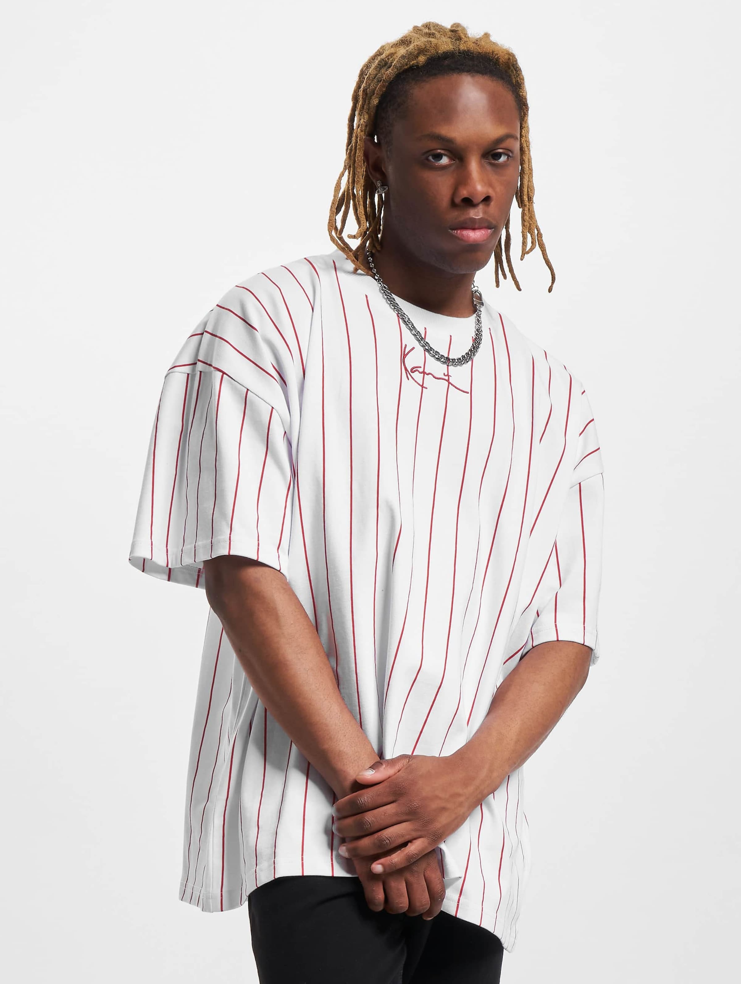 Karl Kani KM232-033-2 KK Small Signature Boxy Heavy Jersey Pinstripe Tee Mannen op kleur wit, Maat XS