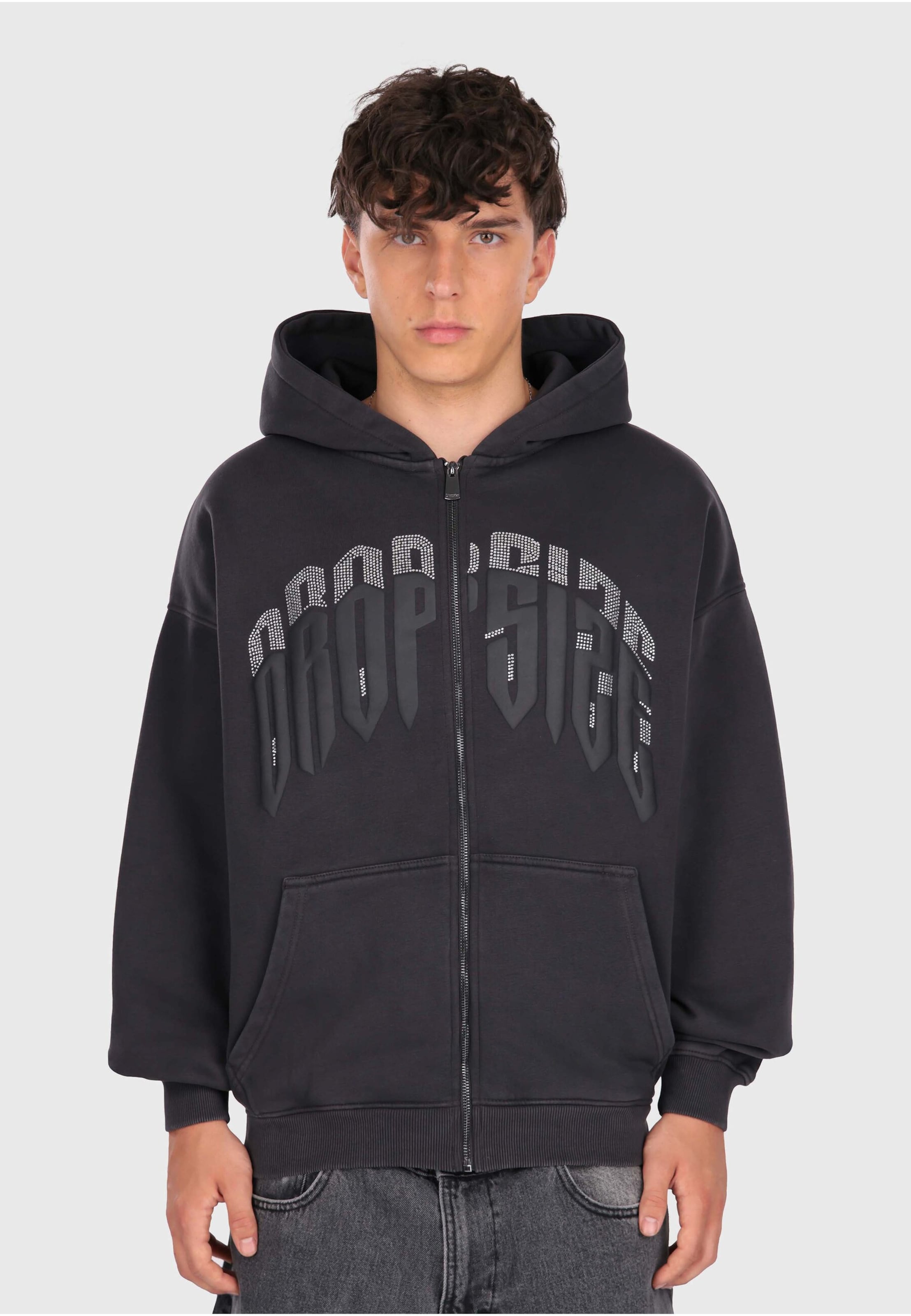 Dropsize LAYERED RHINESTONE PRINT ZIP HOODIE