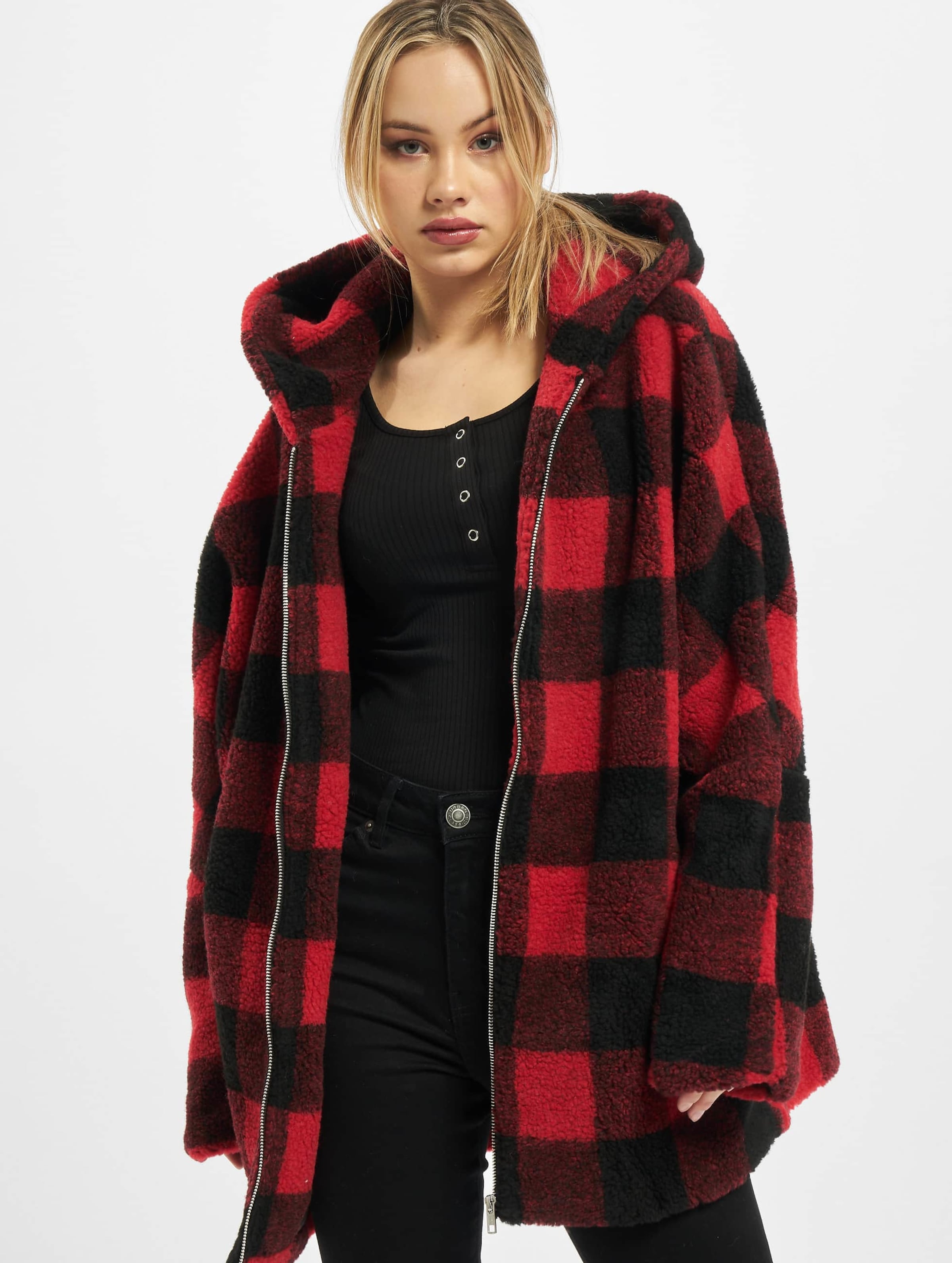 Urban Classics Ladies Hooded Oversized Check Sherpa Jacket