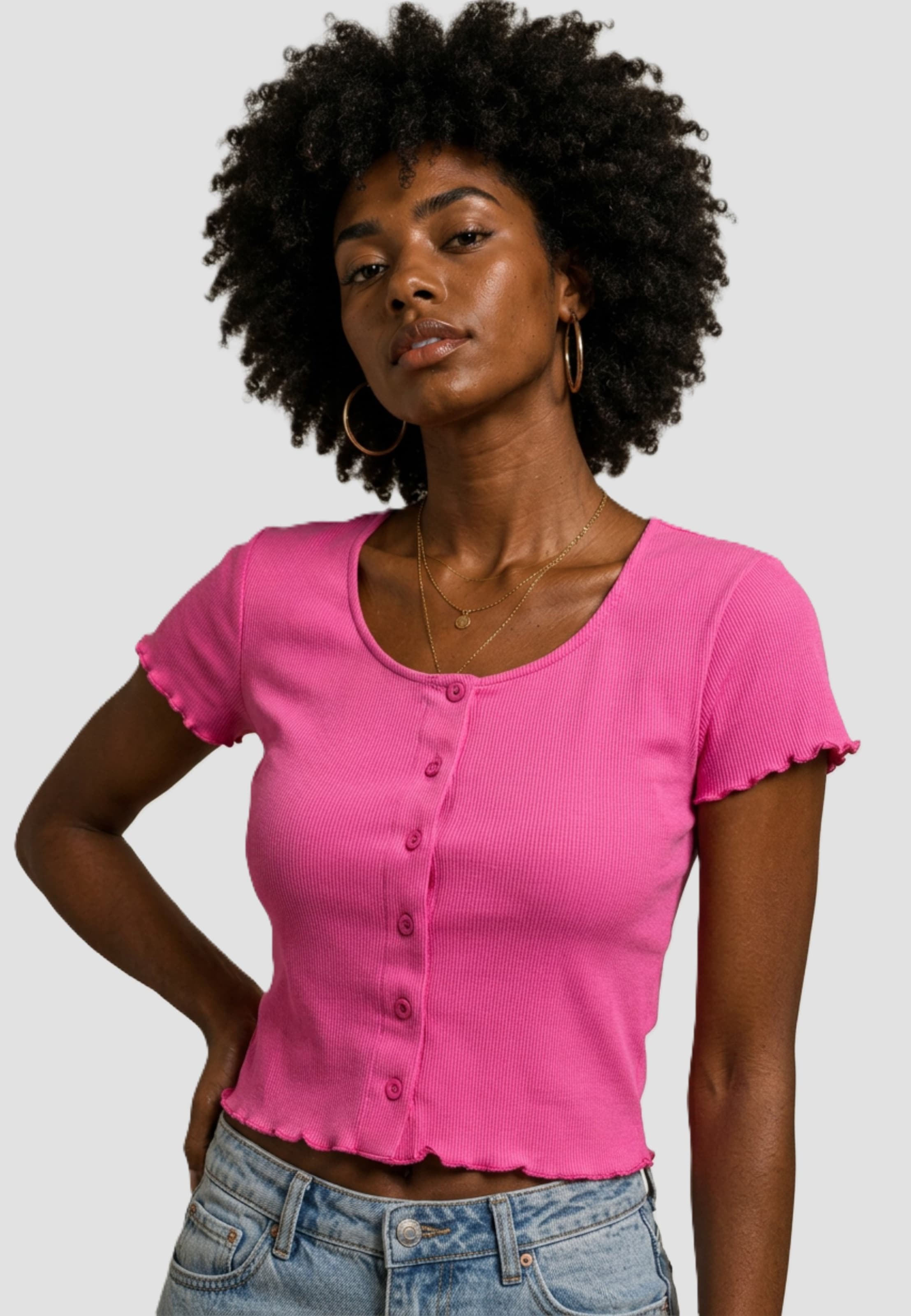 Urban Classics Ladies Cropped Button Up Rib Tee