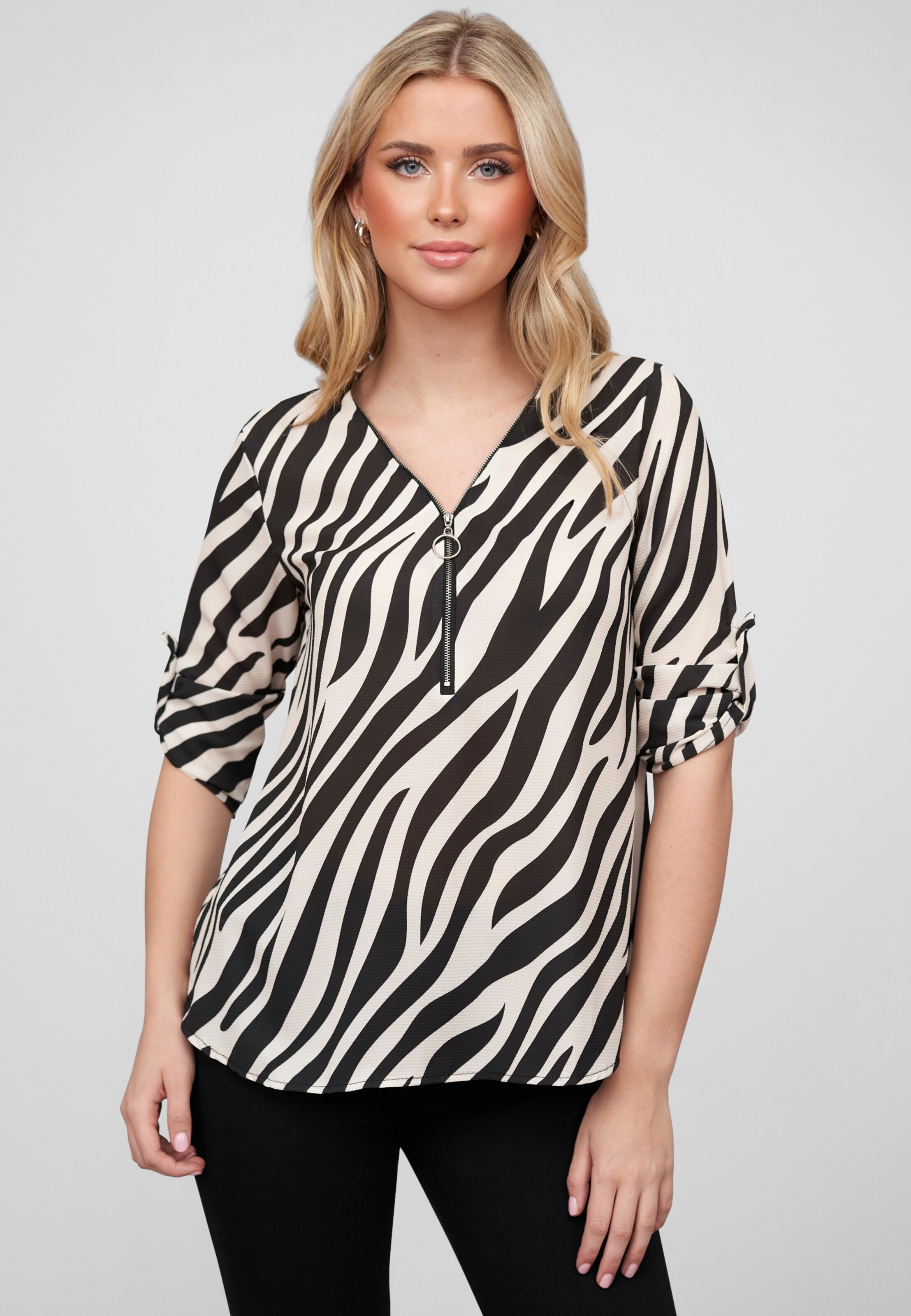 Cloud5ive Damen Crepe Bluse mit Turn-Up-Ärmeln und Zipper Zebra Print