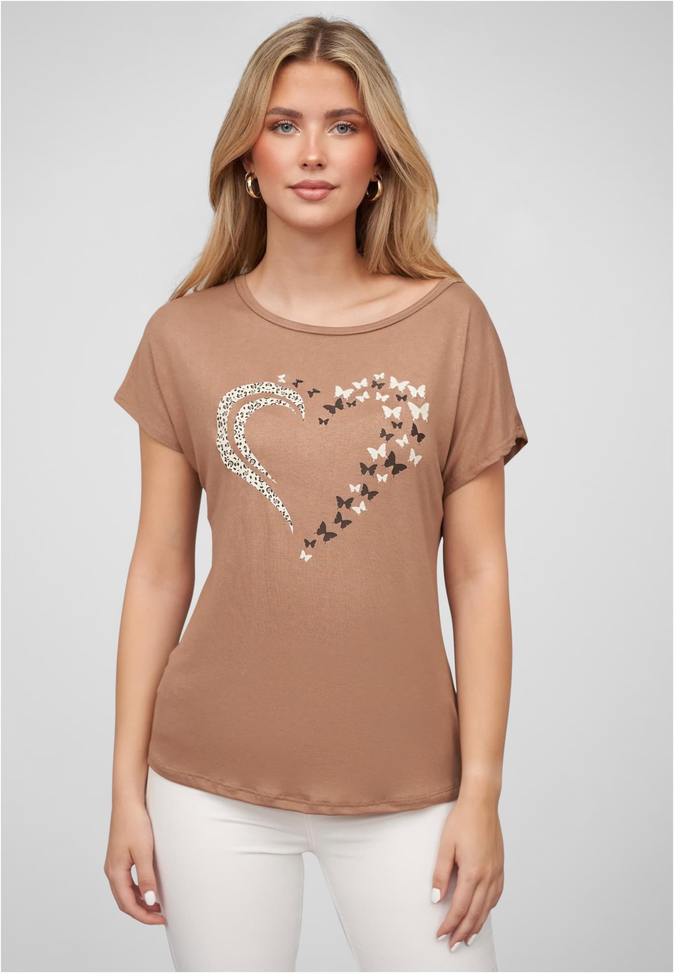 Cloud5ive Damen T-Shirt mit Herz Schmetterling Print Rundhals