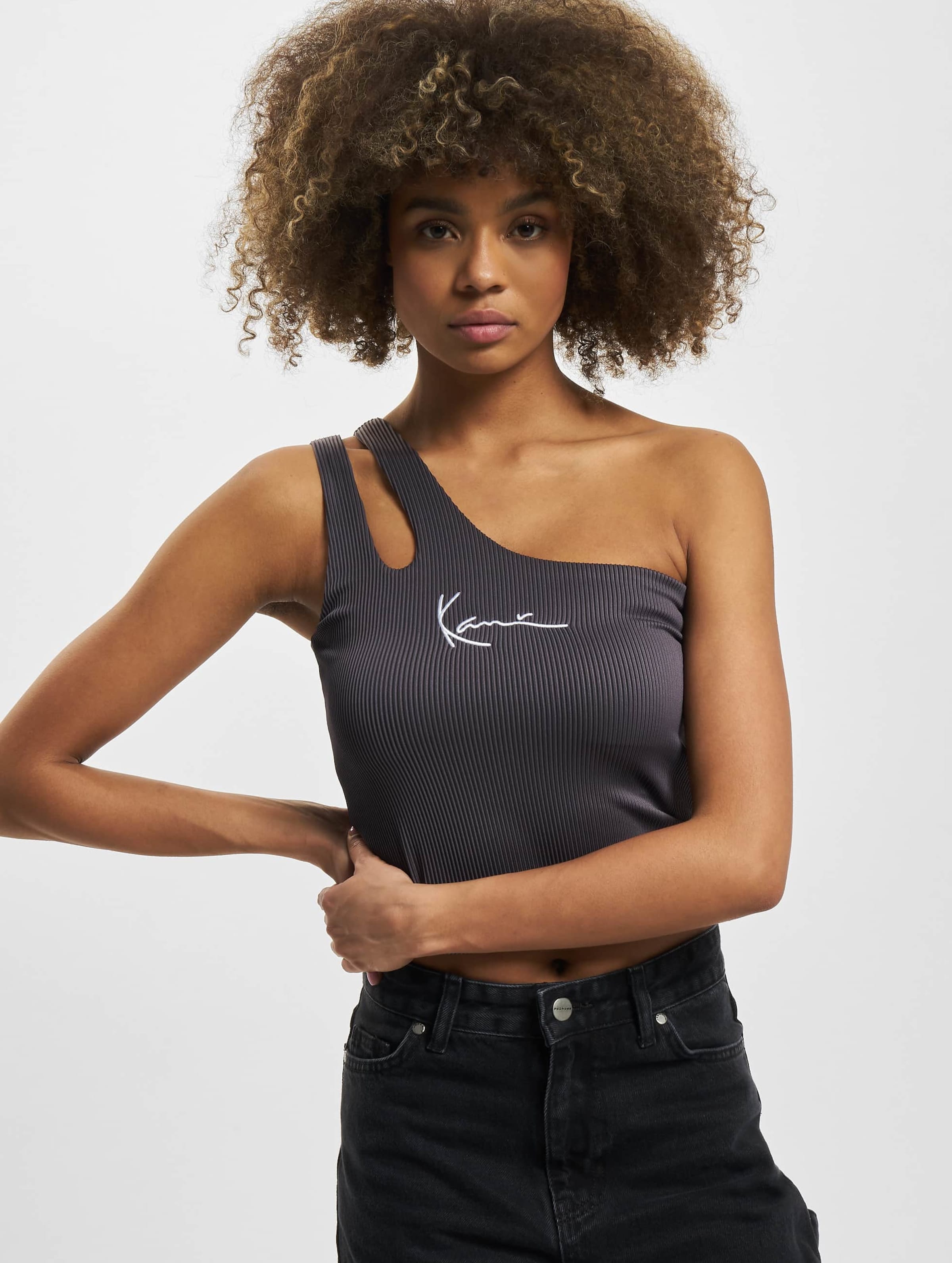 Karl Kani KW232-015-2 KK Small Signature One Shoulder Top Bi-Color Rib