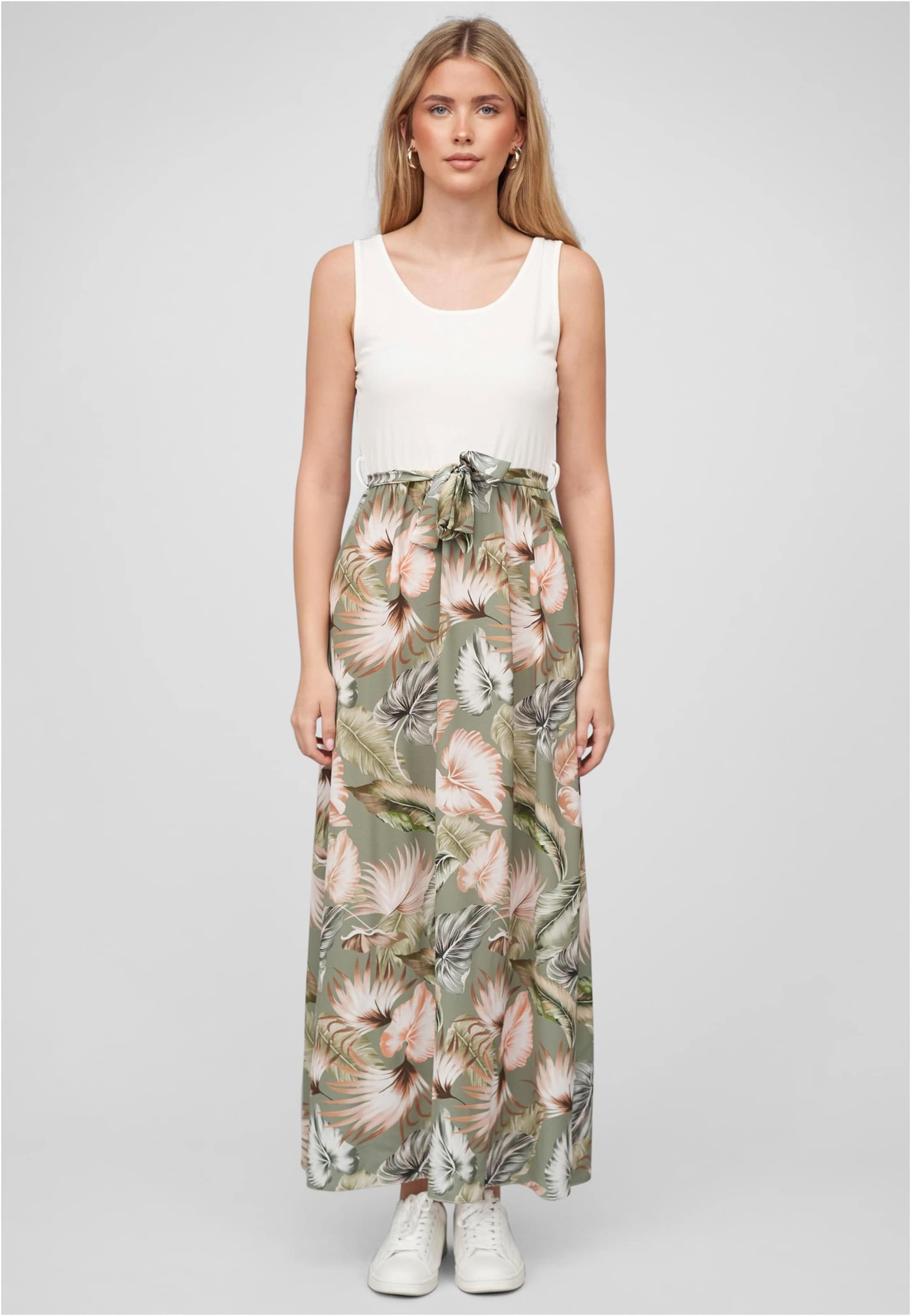 Cloud5ive Damen Tank Top Maxi Kleid 2-Tone mit Bindegürtel Tropical Print