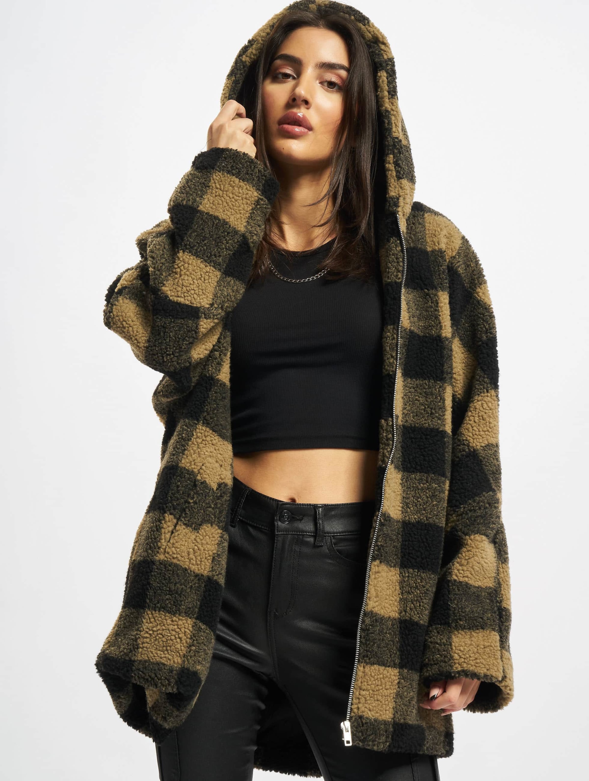 Urban Classics Ladies Hooded Oversized Check Sherpa Jacket
