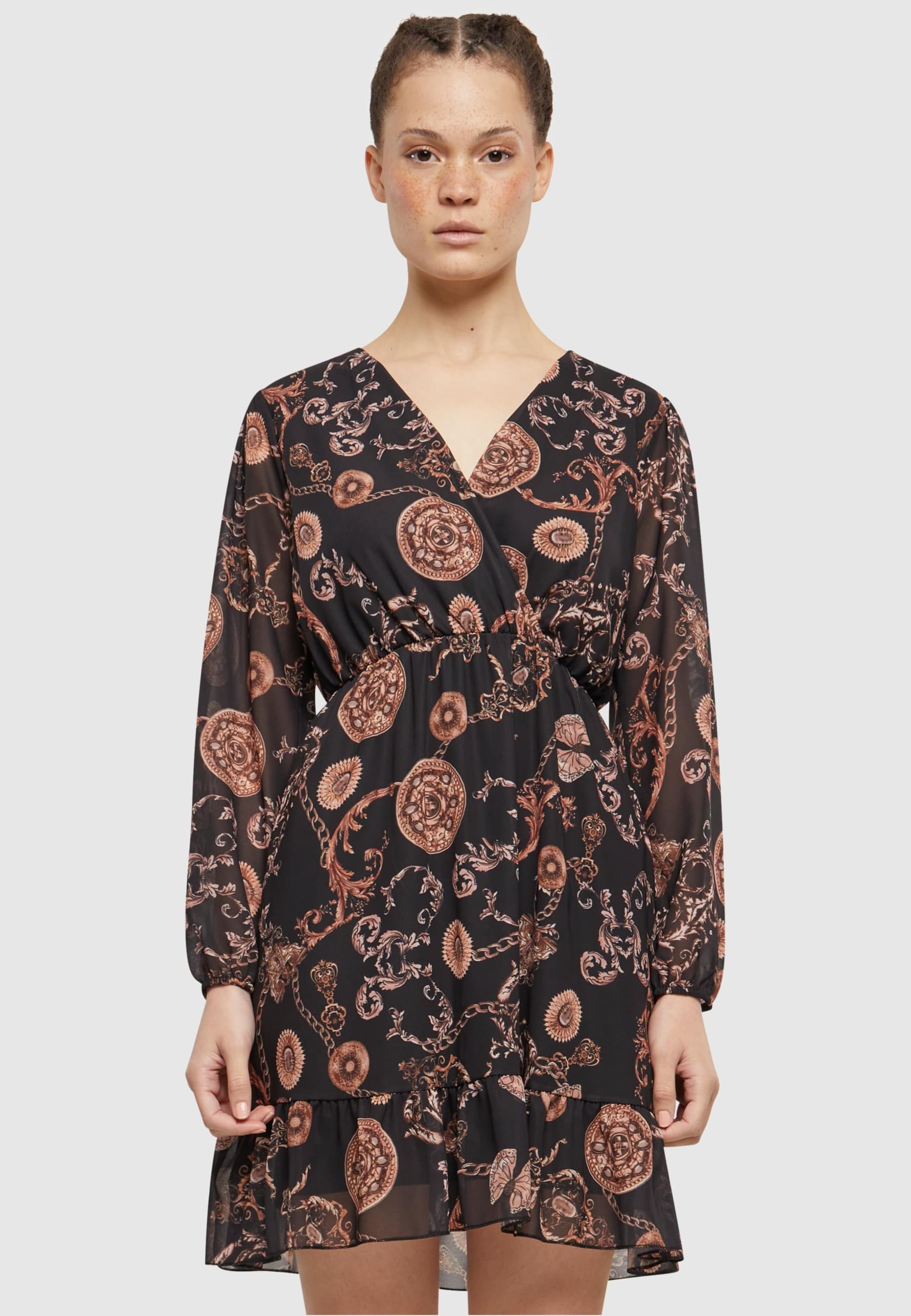 Cloud5ive Damen Chiffon Kleid mit V-Neck und Ornamentprint