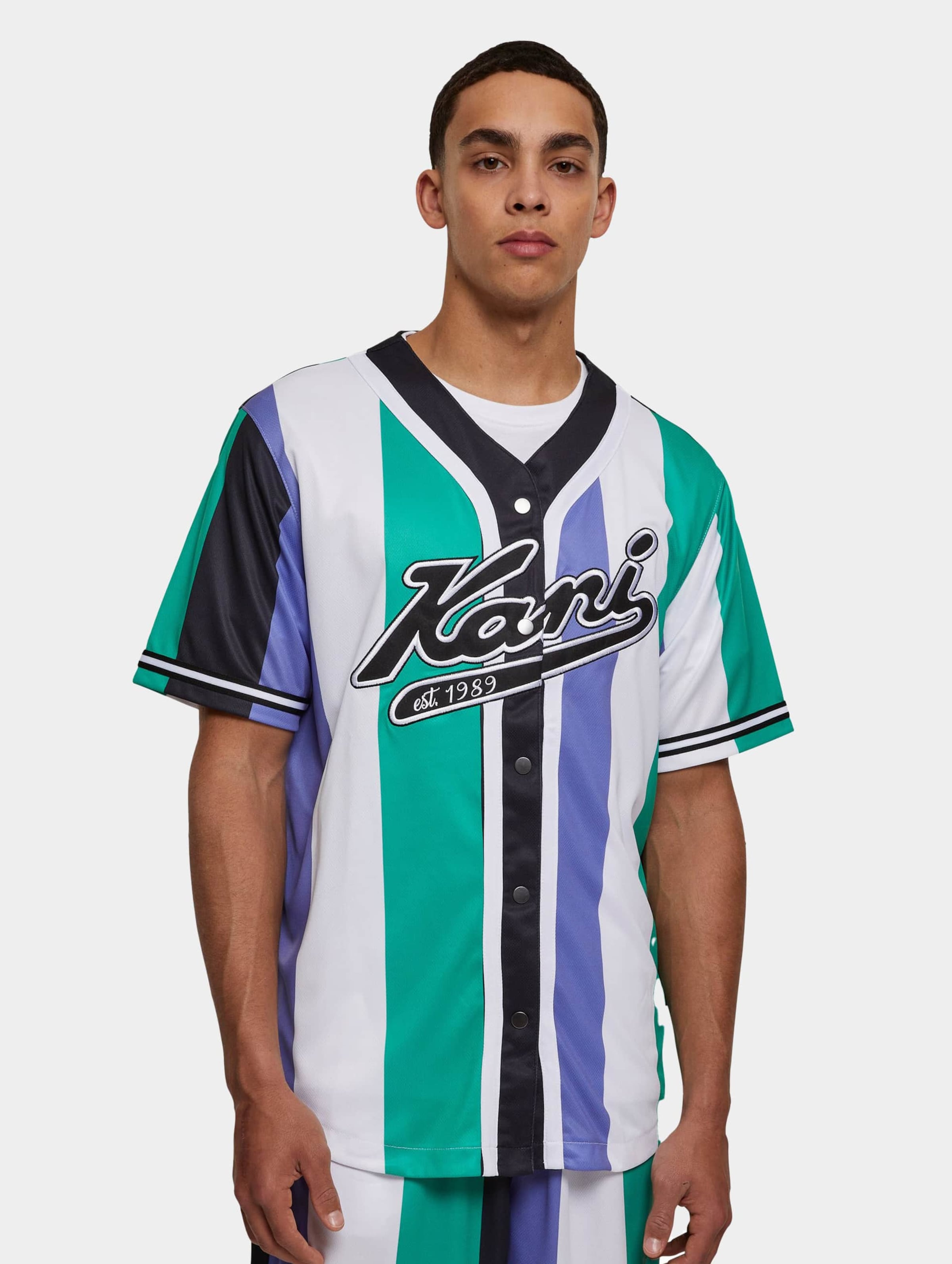 Karl Kani KM231-032-1KK Varsity Striped Baseball Shirt green/white/purple