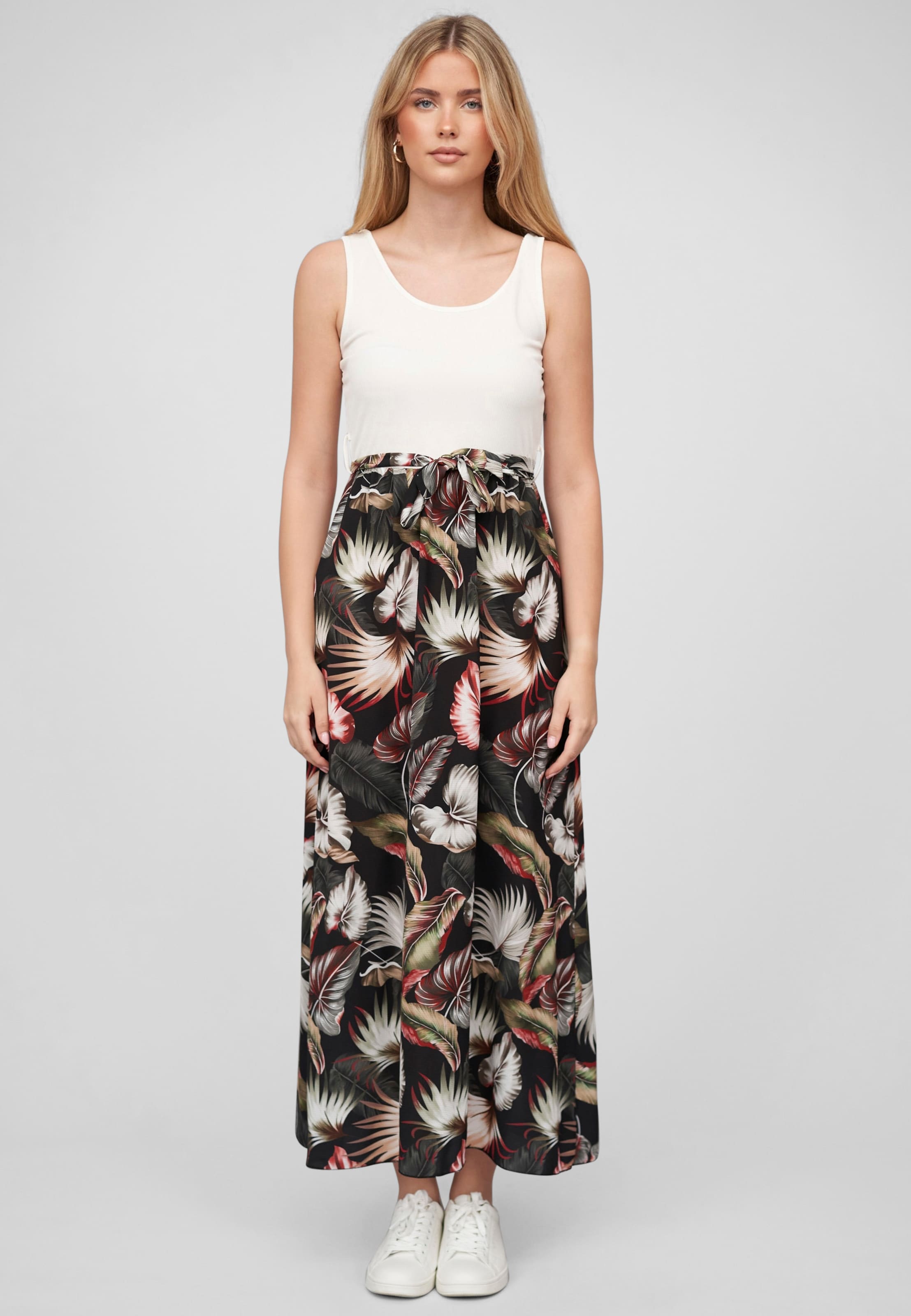 Cloud5ive Damen Tank Top Maxi Kleid 2-Tone mit Bindegürtel Tropical Print