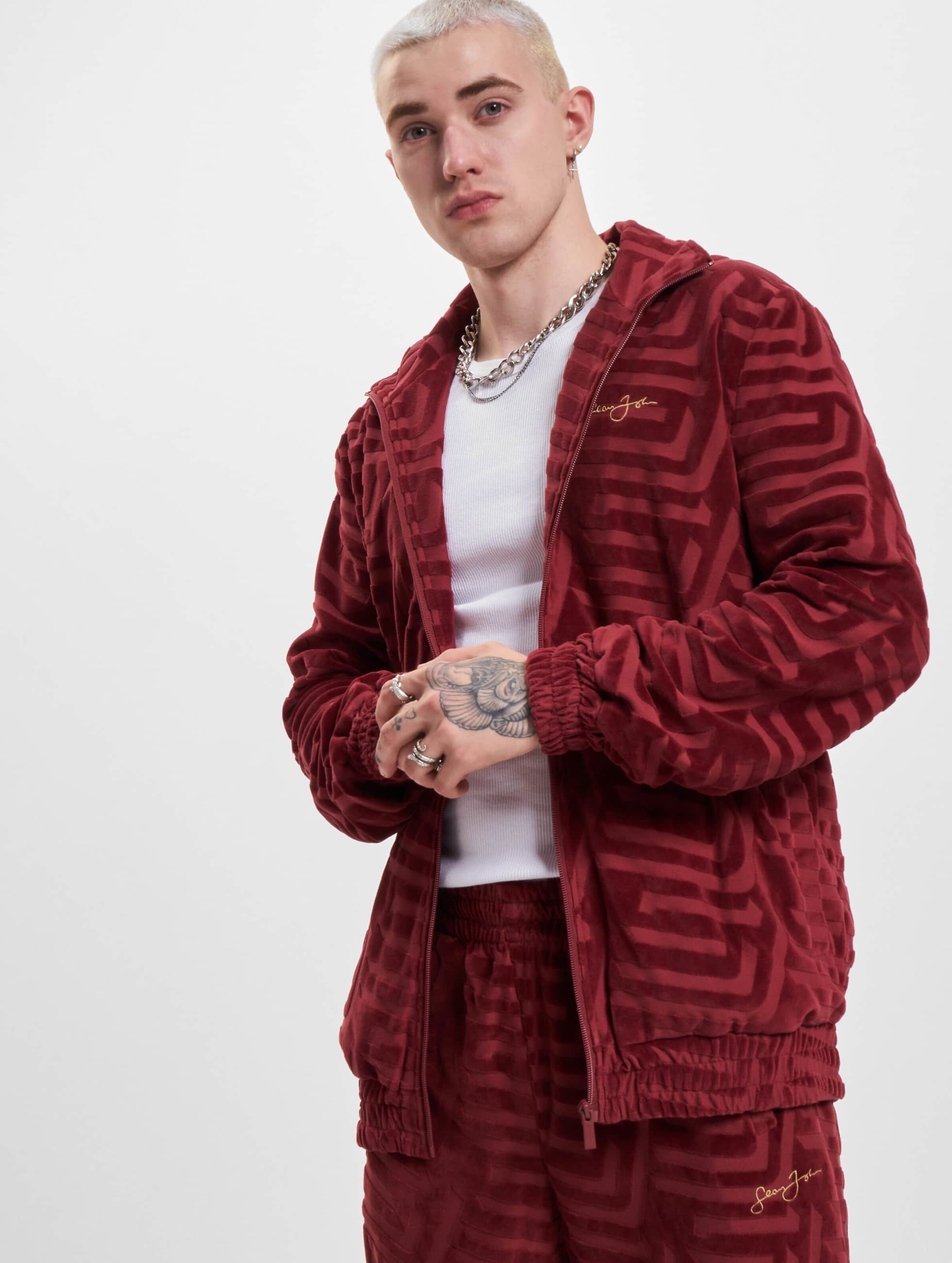 Sean John JM233-008-1 SJ Script Logo Geometric DevorÃ¨e Velours Trackjacket