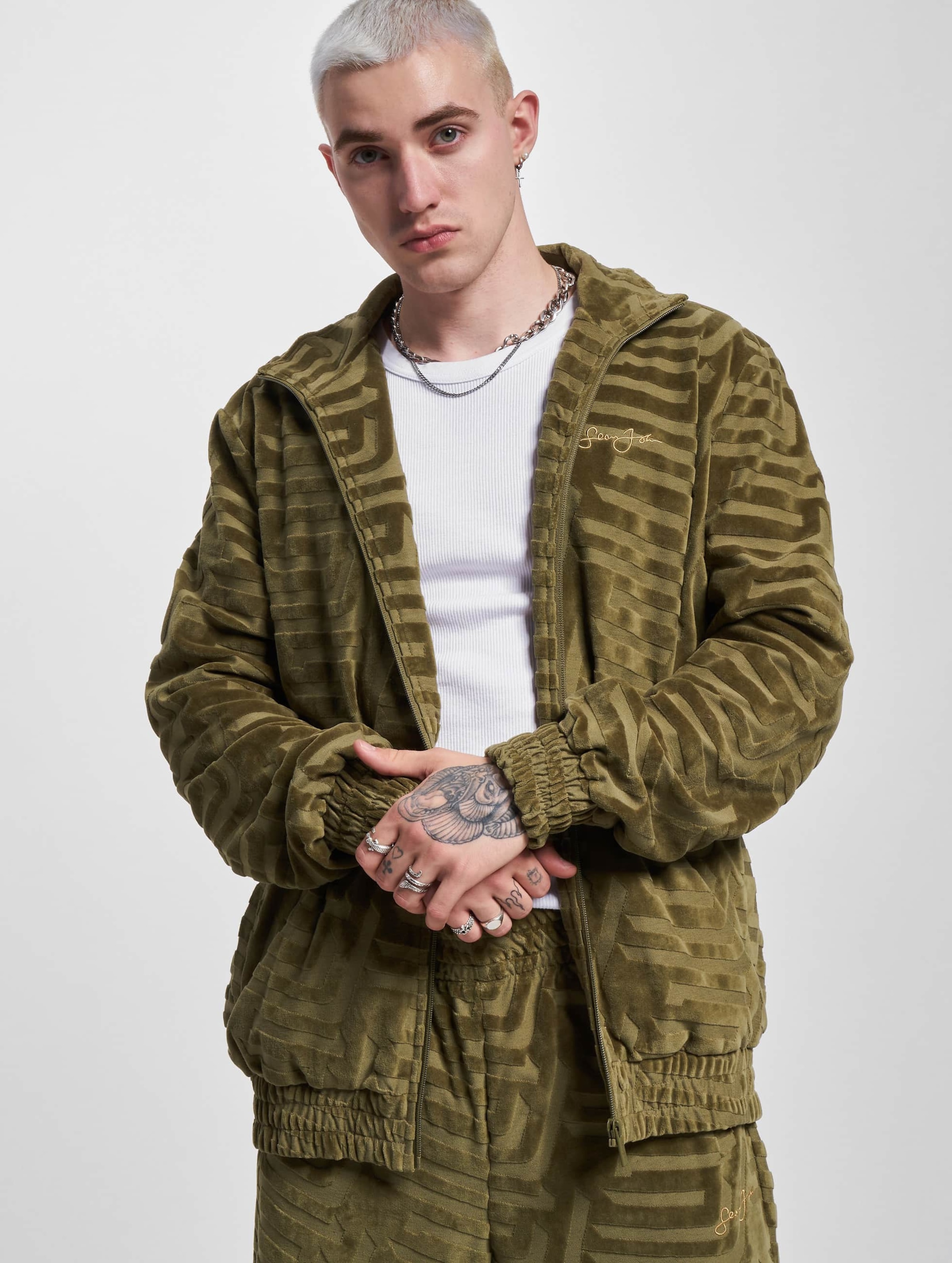 Sean John JM233-008-2 SJ Script Logo Geometric DevorÃ¨e Velours Trackjacket