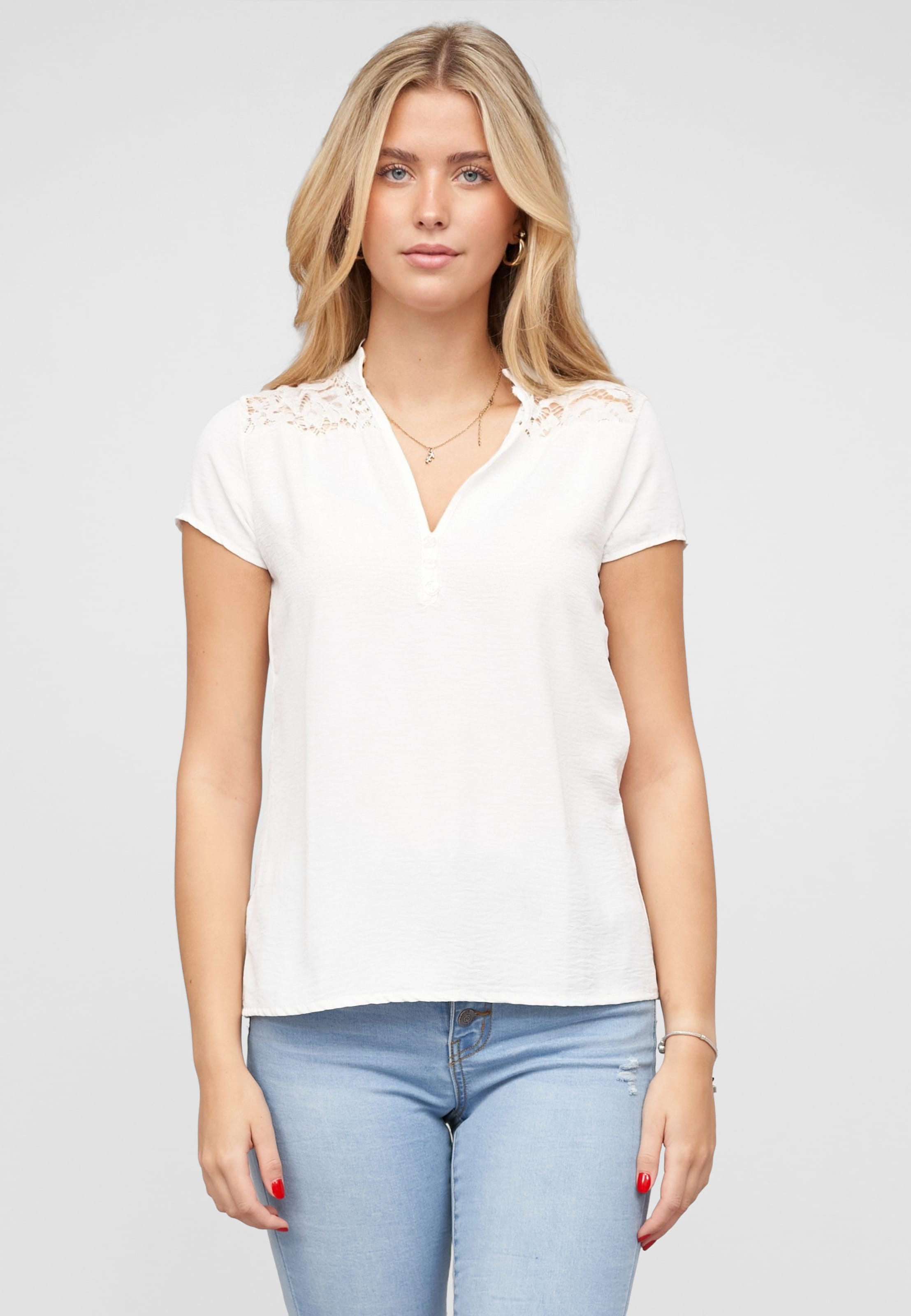 Cloud5ive Musselin Shirt V-Neck mit Deko Knopfleiste und Spitze