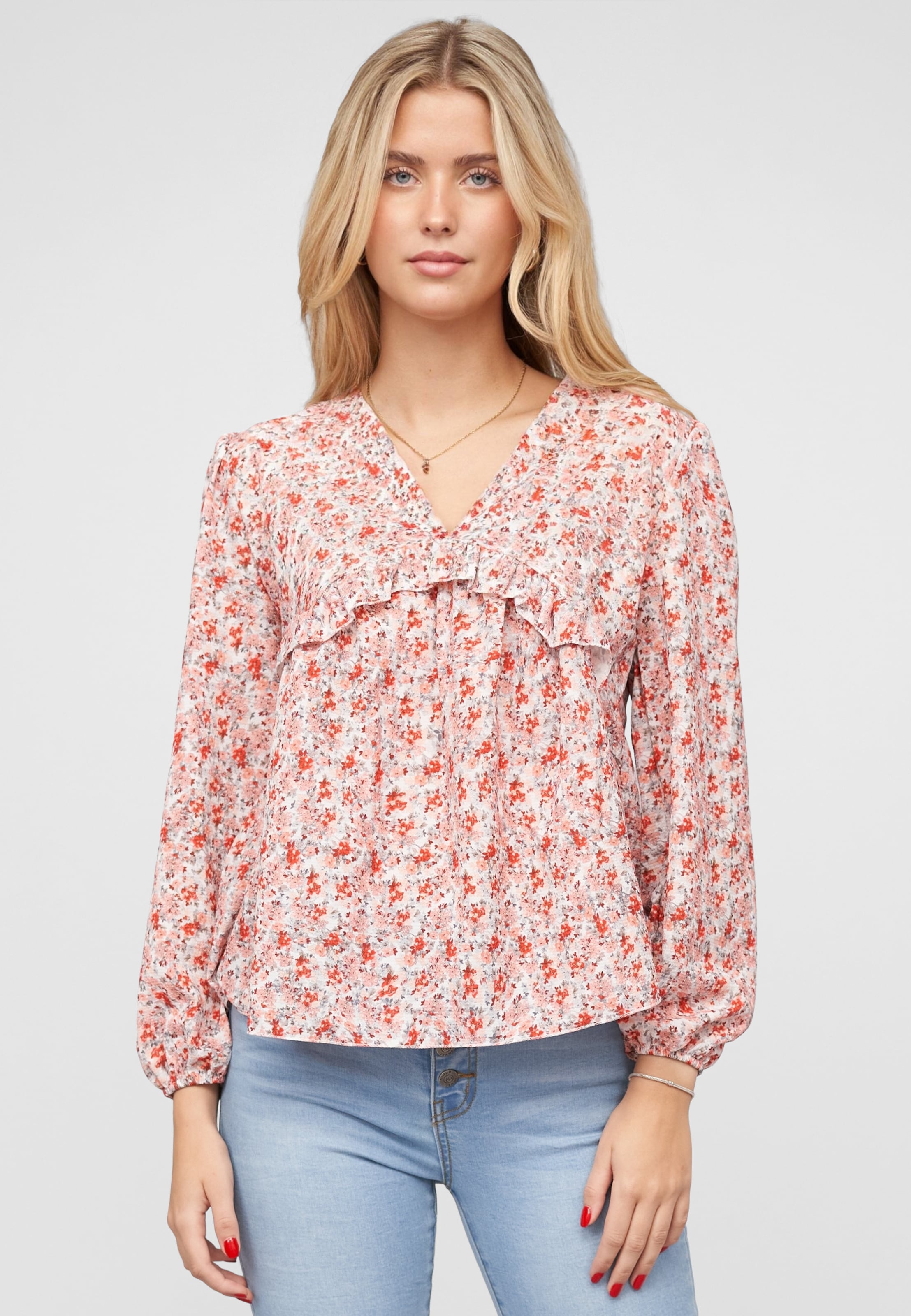 Cloud5ive V-Neck Bluse mit Rüschendetails und Blumen Print