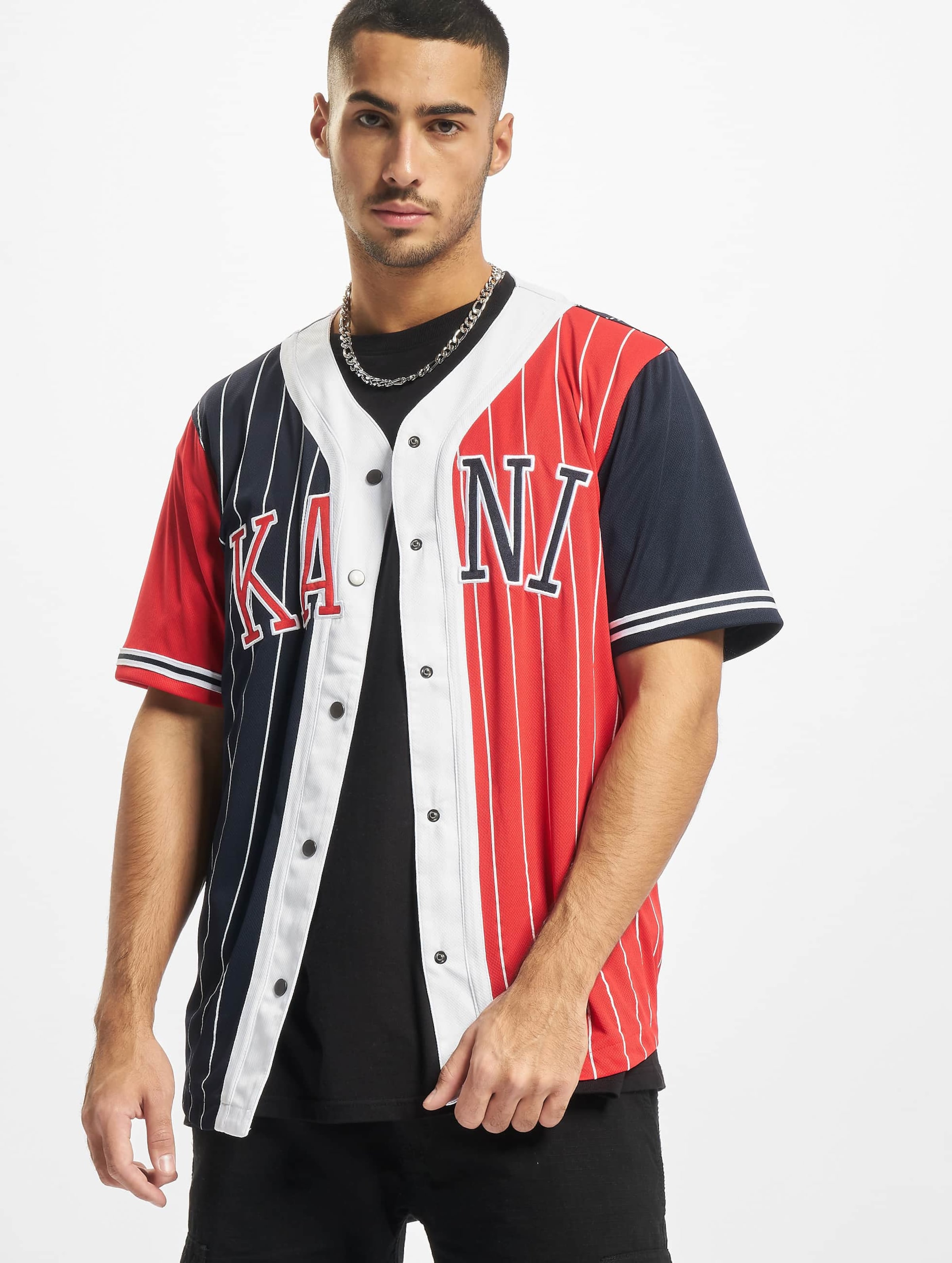 Karl Kani KM213-080-1 College Block Pinstripe Baseball Shirt navy/red