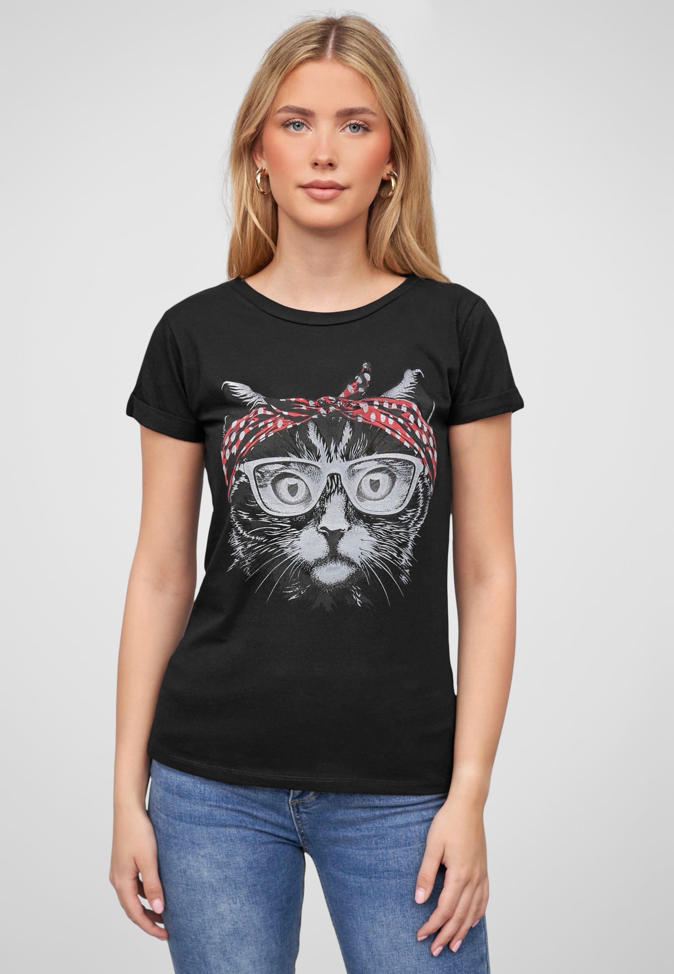 Cloud5ive Damen T-Shirt Bandana Katzen Print