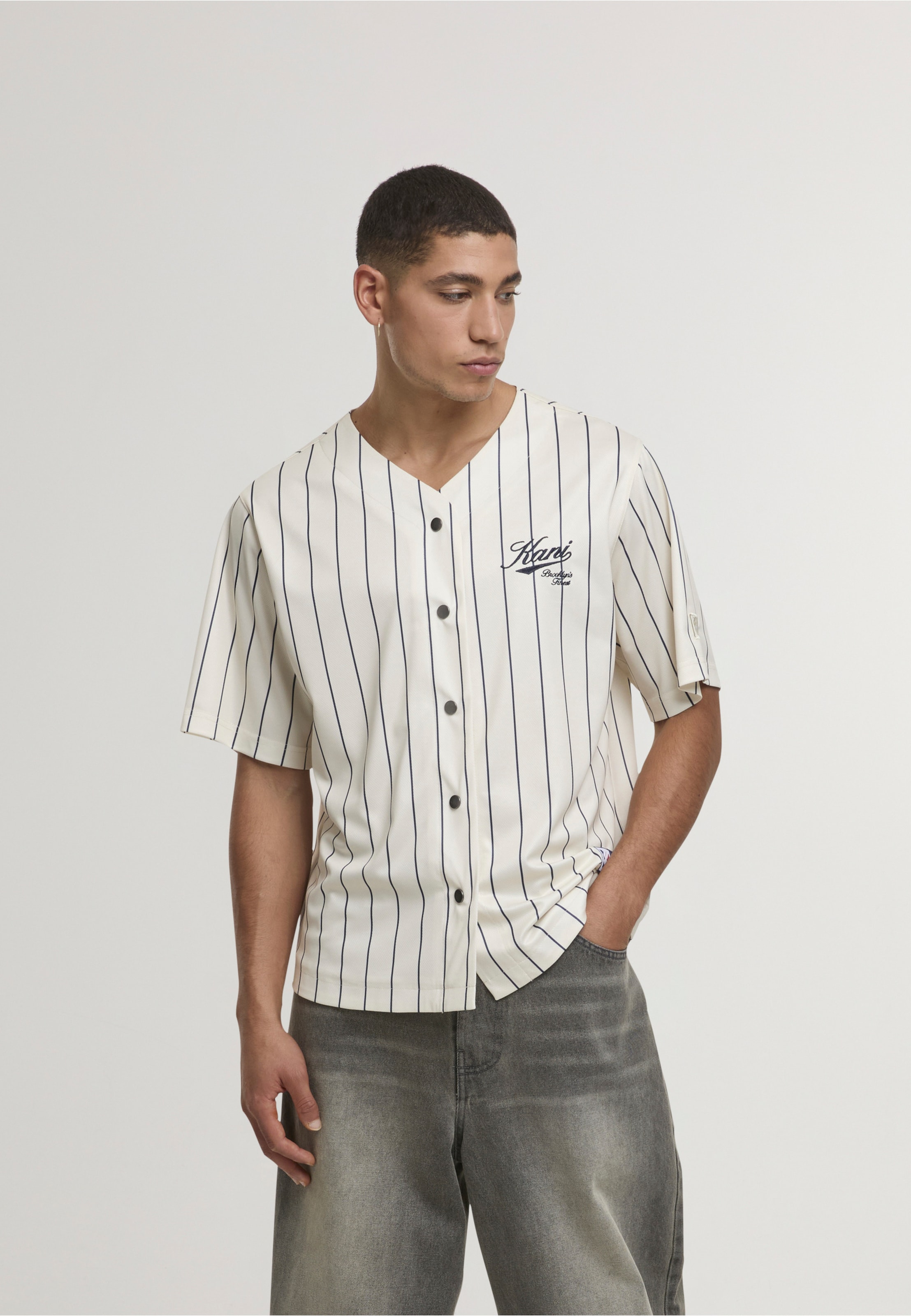 Karl Kani Cursive Varsity Pinstripe Cropped Baseball Jersey