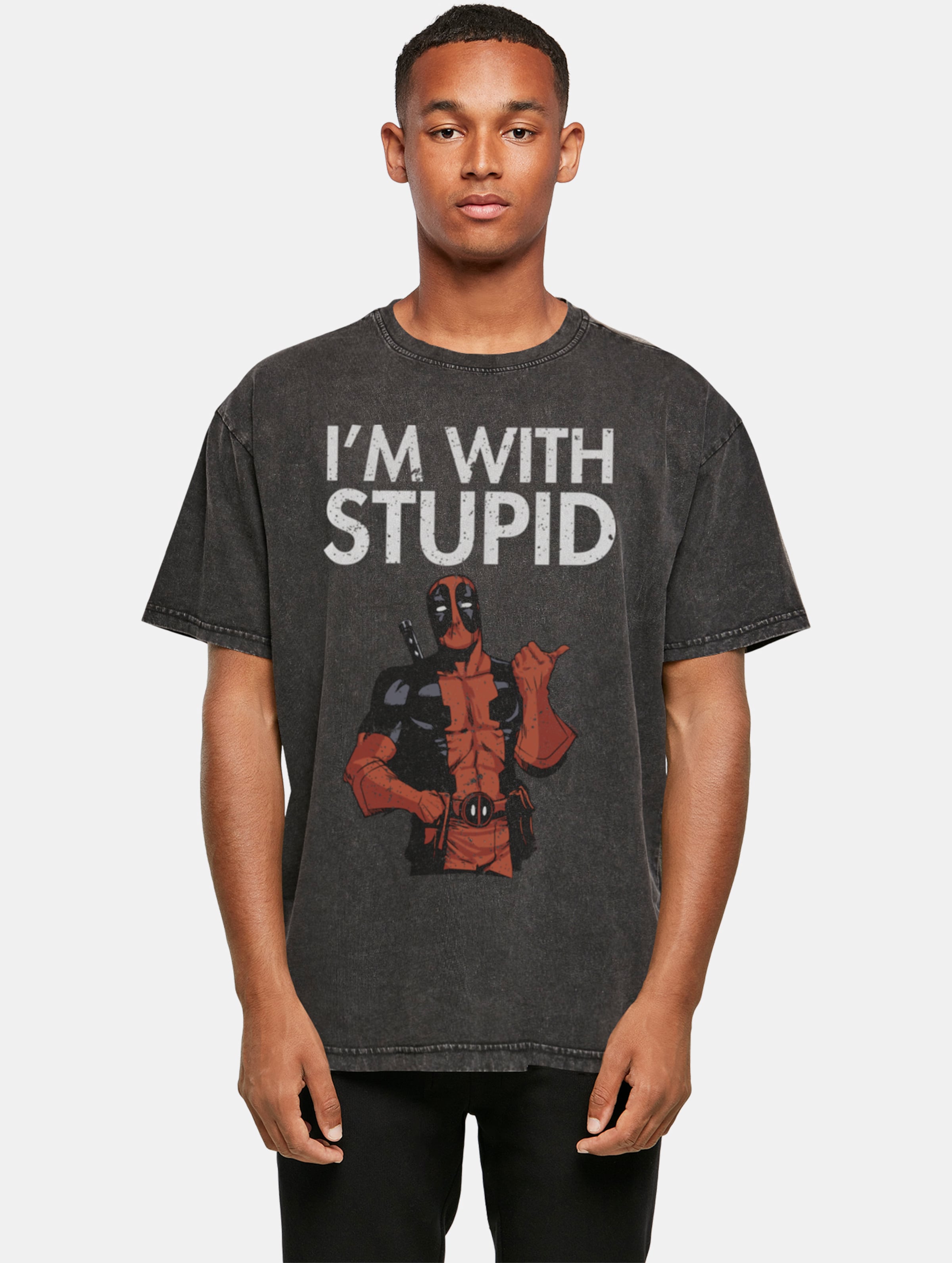 Absolute Cult Deadpool - I Am With Stupid Acid Washed Oversize Tee