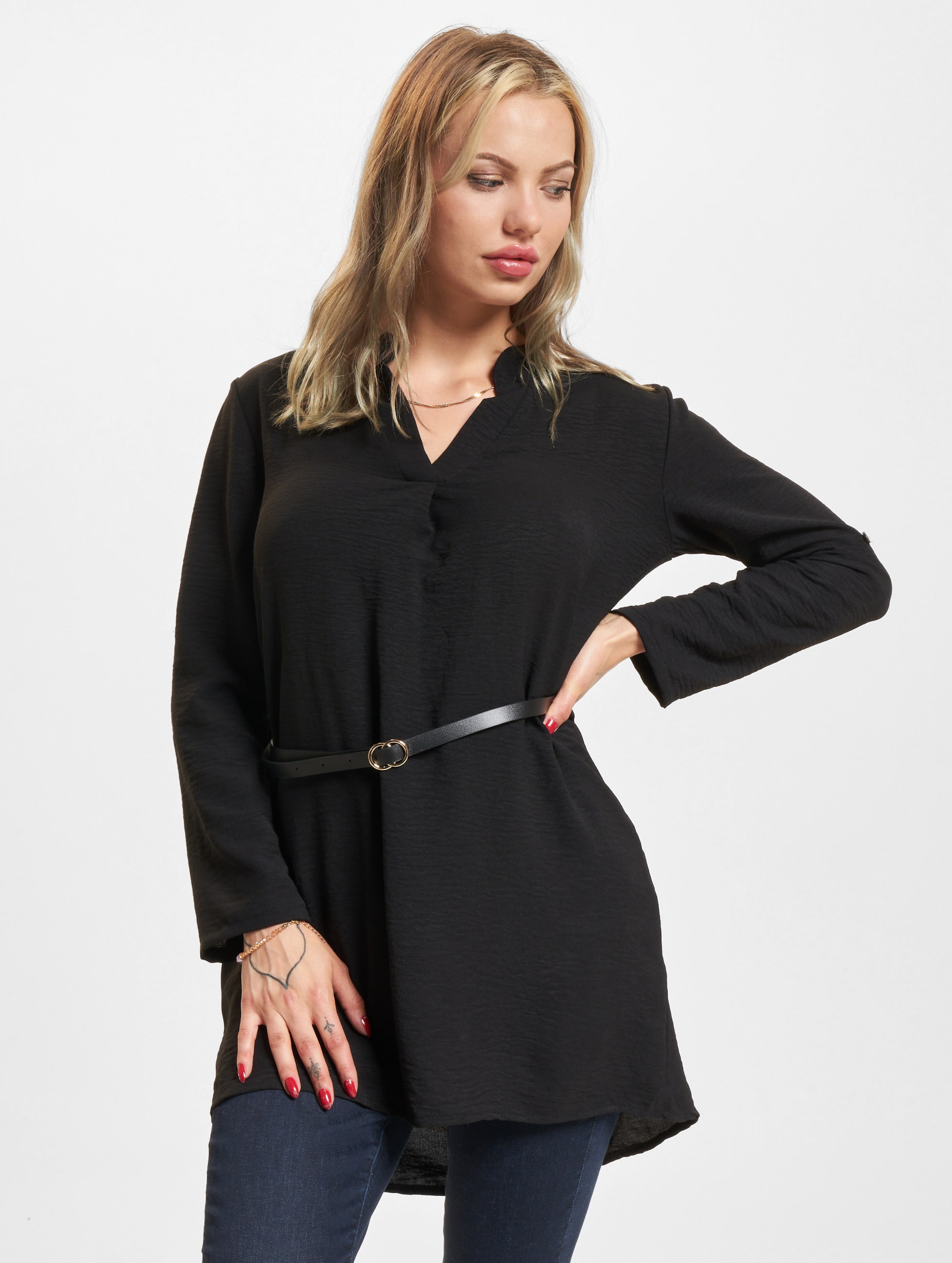 Cloud5ive Damen Longform Musselin Turn-Up Shirt mit Gürtel