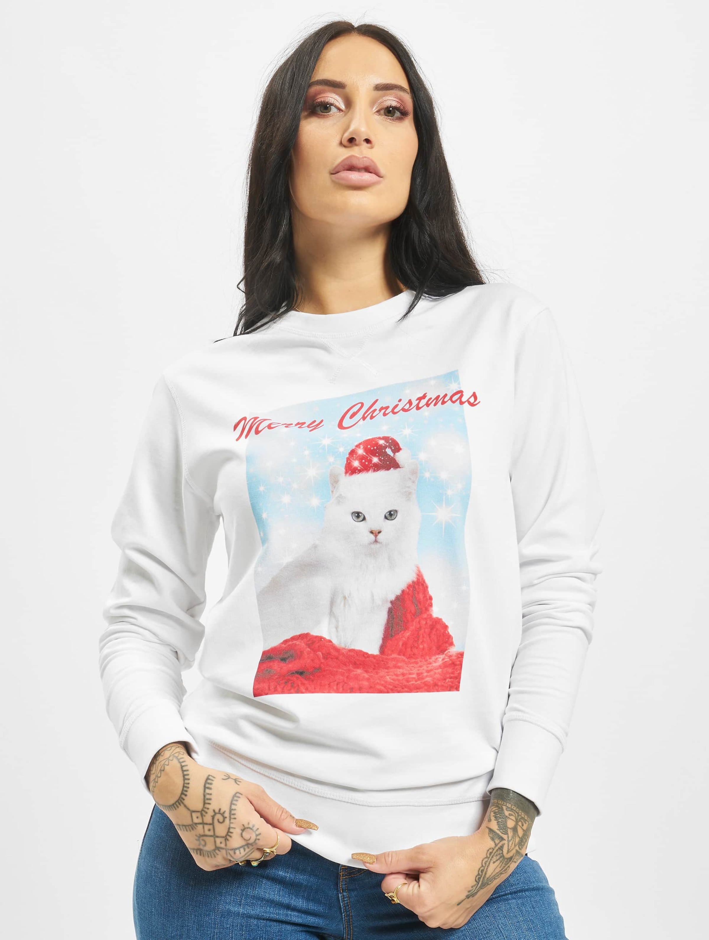 Mister Tee Ladies Merry Christmas Cat Crewneck